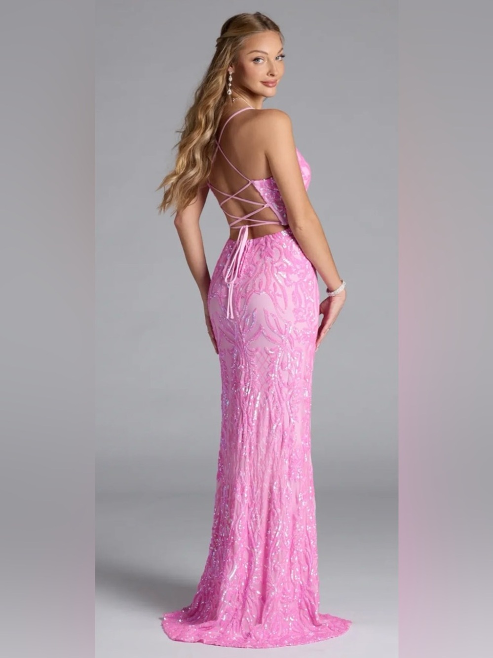 Windsor Pink Sequin Spaghetti-Strap Prom Gown with Thigh Slit - Picture 2 of 12
